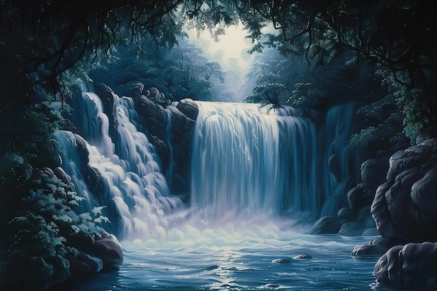 Vector a painting of a waterfall in the dark in the style of optical illusion paintings southern countrysid