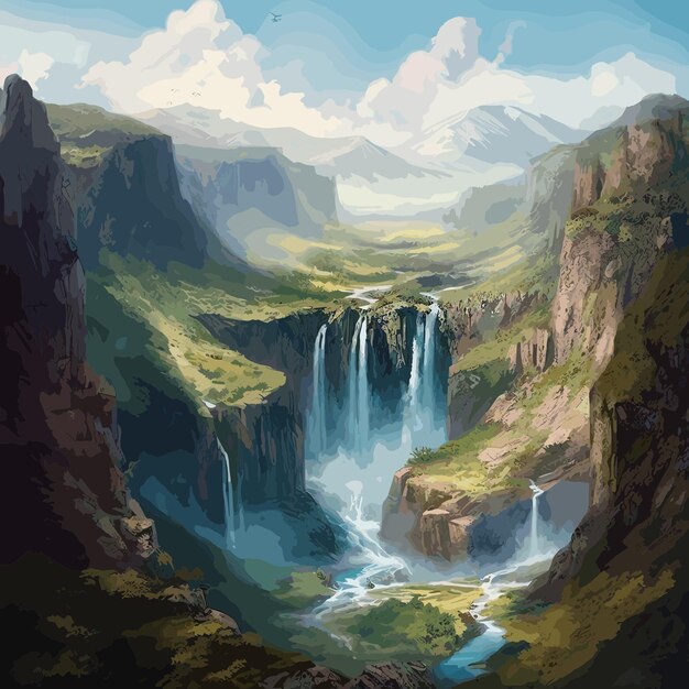 Vector a painting of a waterfall in a green valley with mountains in the background.