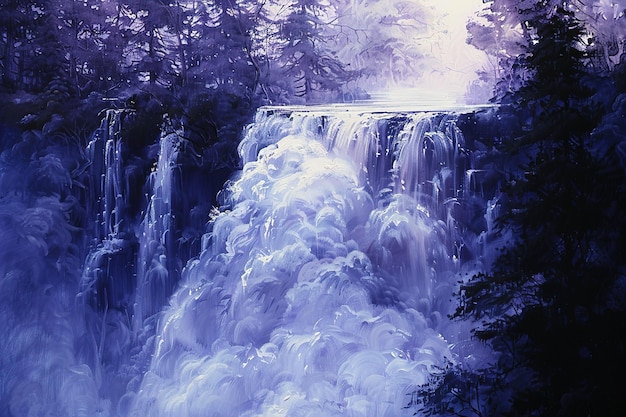 Vector a painting of a waterfall surrounded by trees in the style of optical illusion paintings large canva