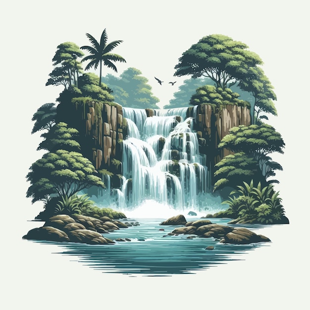 a painting of a waterfall with a bird flying over it