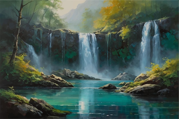 Vector a painting of a waterfall with a painting of a waterfall in the background