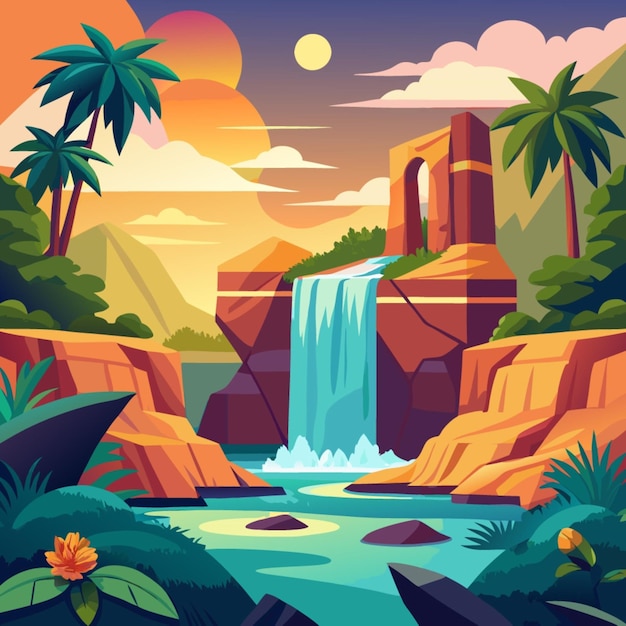 a painting of a waterfall with palm trees and mountains in the background