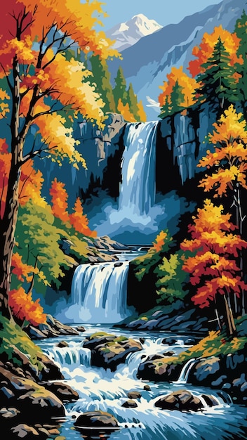 a painting of a waterfall with trees cartoon drawing artwork vector