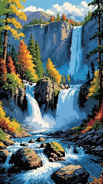 Vector a painting of a waterfall with trees cartoon drawing artwork vector