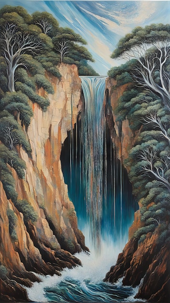 Vector a painting of a waterfall with trees and rocks in the background