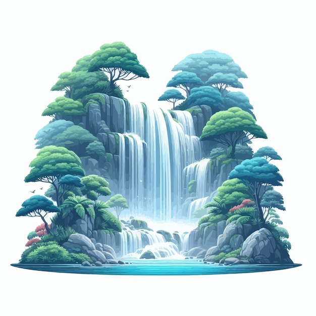 Vector a painting of a waterfall with trees and a waterfall