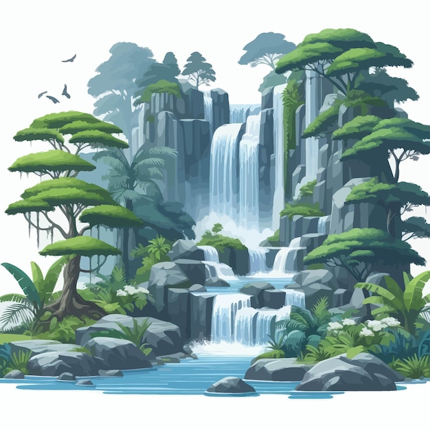 a painting of a waterfall with a waterfall in the background