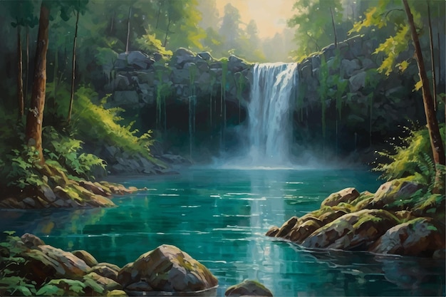 Vector a painting of a waterfall with a waterfall in the background