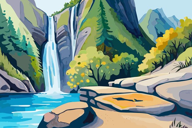 A painting of a waterfall with a waterfall in the background.