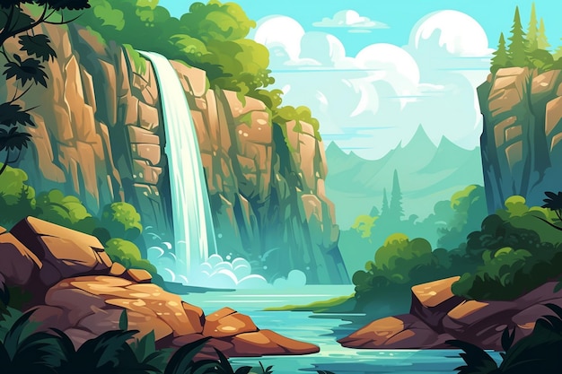 a painting of a waterfall with a waterfall in the background