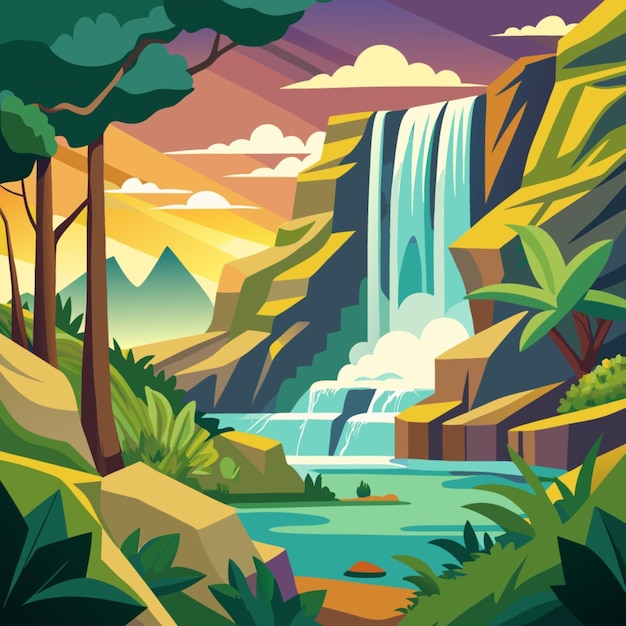 a painting of a waterfall with a waterfall in the background