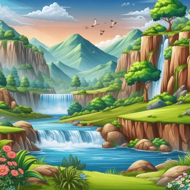 a painting of a waterfall with a waterfall and birds flying above it