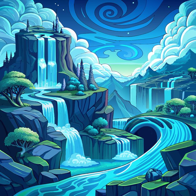 Vector a painting of a waterfall with a waterfall and a waterfall in the background