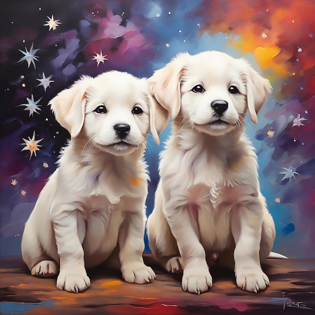 A painting of white color two puppies with the colorful background stars on them