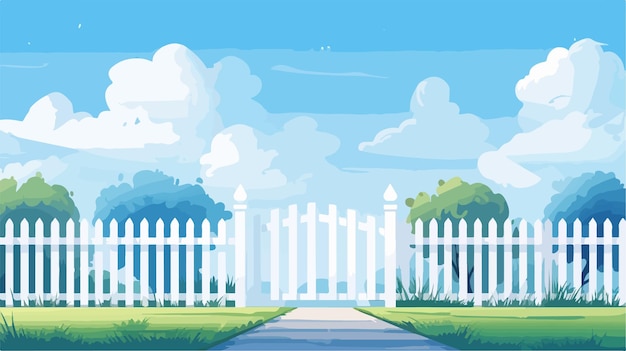 a painting of a white picket fence with a blue sky and a green grass background