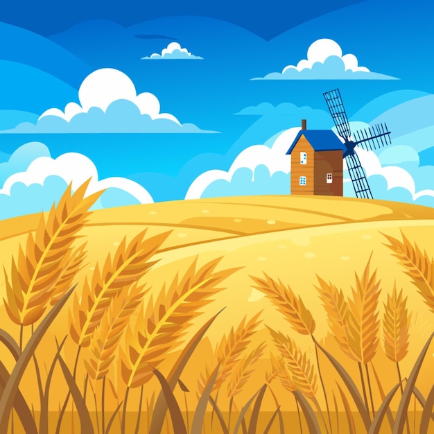 Vector a painting of a windmill and wheat field with a sky background