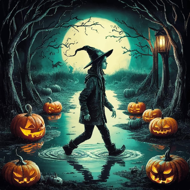 a painting of a witch walking in a pond with pumpkins and a man walking in the dark