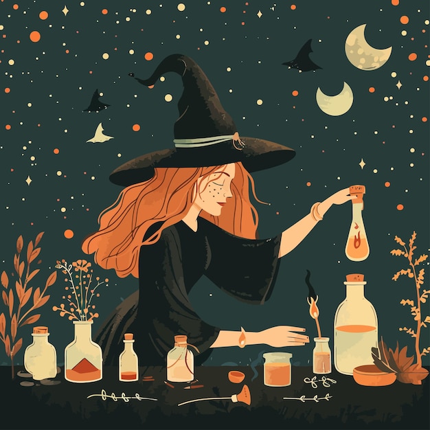 Vector a painting of a witch with a witch hat and a witch hat