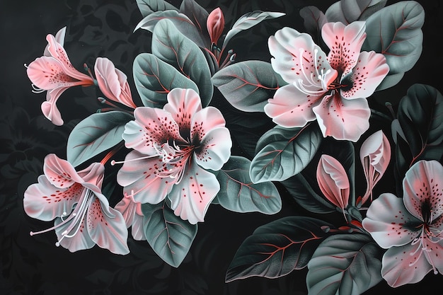 A painting with pink flowers on black paper in the style of optical illusion paintings light red and