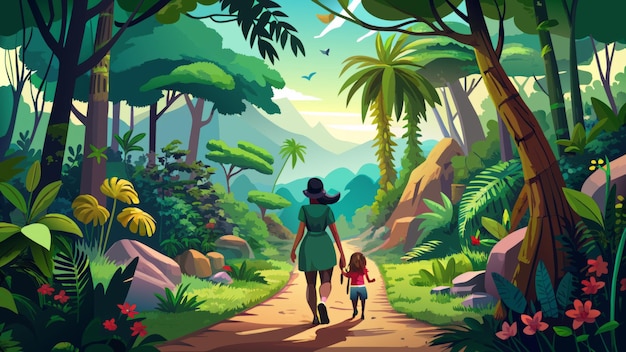 a painting of a woman and a child walking down a path in the jungle