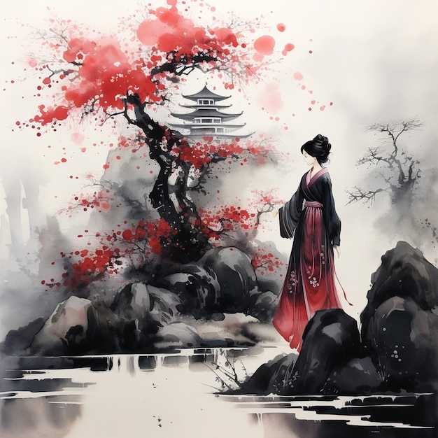 a painting of a woman in a kimono with a red tree in the background