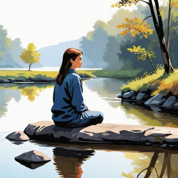 Vector a painting of a woman sitting on a rock by a river