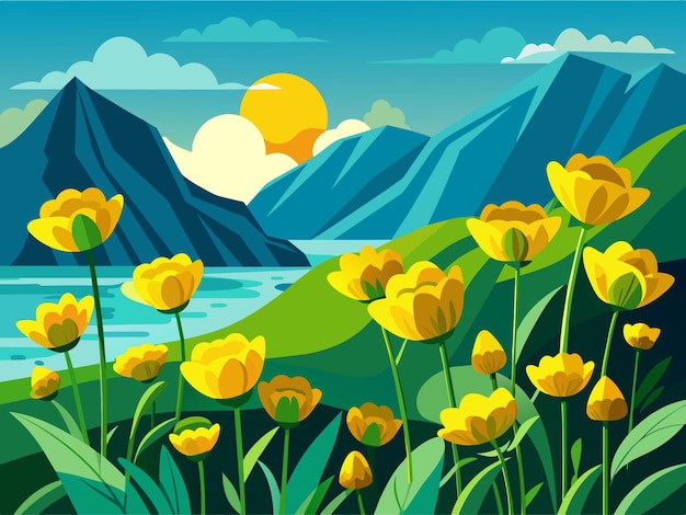 Vector a painting of yellow flowers with mountains in the background