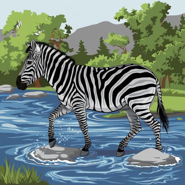 a painting of a zebra in a forest with trees and a forest in the background