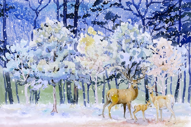 Paintings snow falls in forest winter  Watercolor landscape of deer family vector illustration