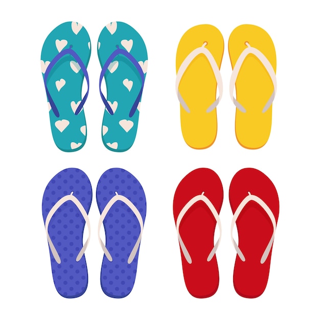 Pair of beach slippers Collection of fashion flip flops Flat vector illustration