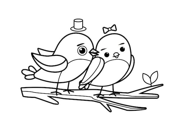 A pair of birds talking about love sitting side by side on a branch. Picture for coloring.