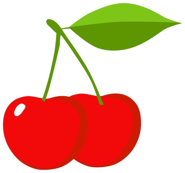 A pair of cherries with a green leaf