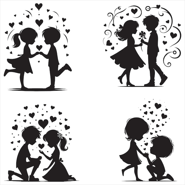 Vector a pair couple loving or cute couple cartoon silhouettes of boy and girl kissing for valentines day