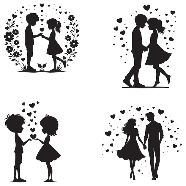 Vector a pair couple loving or cute couple cartoon silhouettes of boy and girl kissing for valentines day