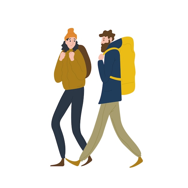 Pair of cute backpackers walking together. Boyfriend and girlfriend hiking or backpacking in nature. Male and female tourists or hikers in adventure travel. Flat cartoon colorful vector illustration.