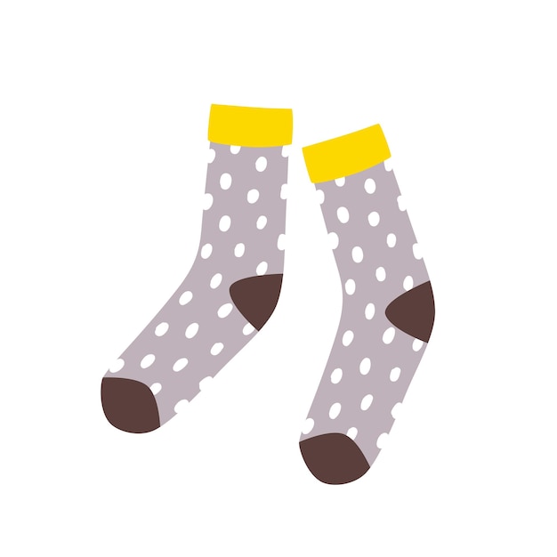 Pair of cute stylish dotted socks isolated on white background. Hand-knitted warm woolen apparel or accessory in Hygge style. decorative design element. Flat cartoon colorful vector illustration.