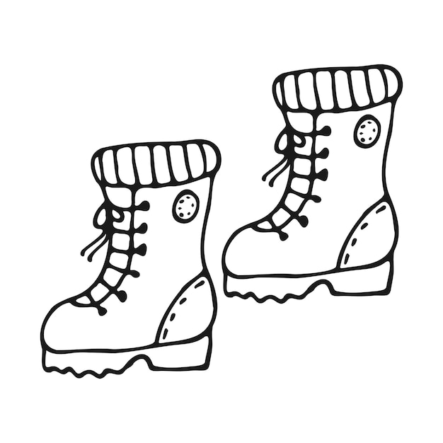 A pair of doodle-style hiking boots. Shoes hand drawn black outline on a white background. Vector