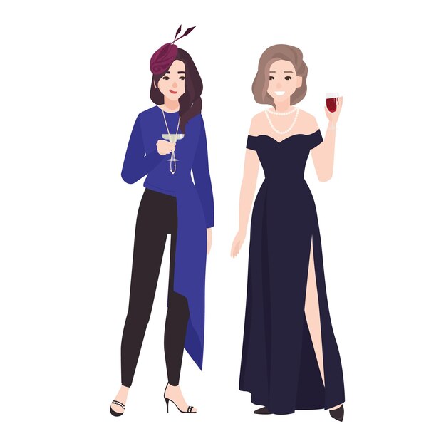 Vector pair of girls in stylish evening outfits standing together and drinking cocktails. pretty young women dressed for celebration party, formal occasion, ball or event. flat colorful vector illustration.