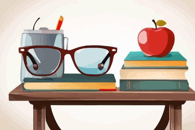 Vector a pair of glasses on a table with books and a book with a pencil on top