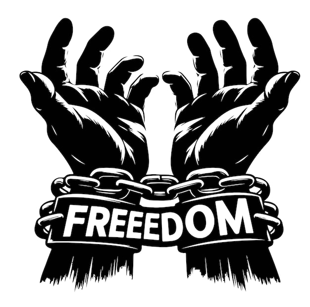 A pair of hands chained to a chain with the text words freedom A pair of hand in handcuff Hand