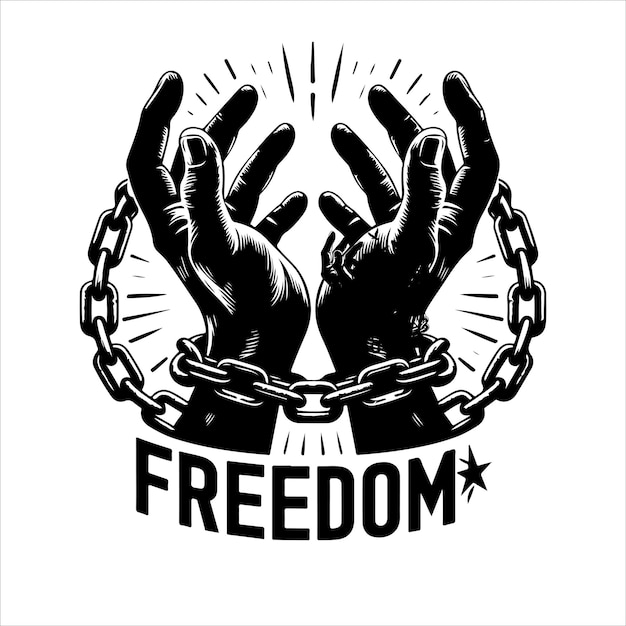 A pair of hands chained to a chain with the text words freedom silhouette vector