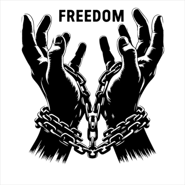 A pair of hands chained to a chain with the text words freedom silhouette vector