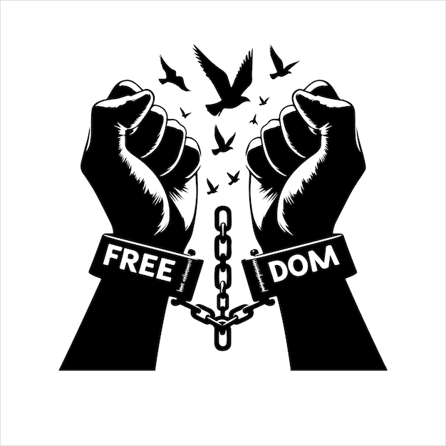 Vector a pair of hands chained to a chain with the text words freedom silhouette vector