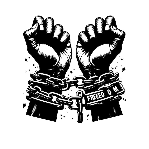 A pair of hands chained to a chain with the text words freedom silhouette vector