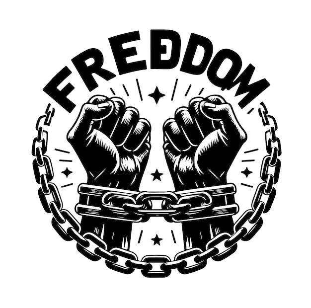 A pair of hands chained to a chain with the text words freedom vector illustration