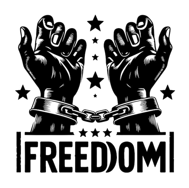 A pair of hands chained to a chain with the text words freedom vector illustration