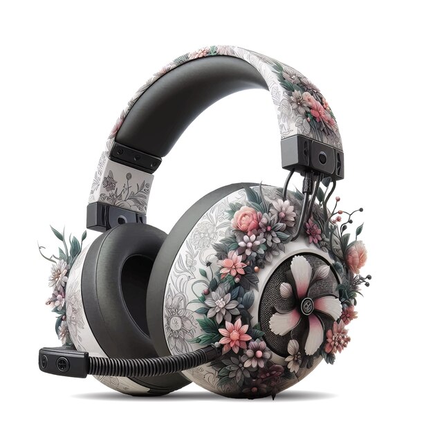 Vector a pair of headphones with flowers on the side and the headphones on the back