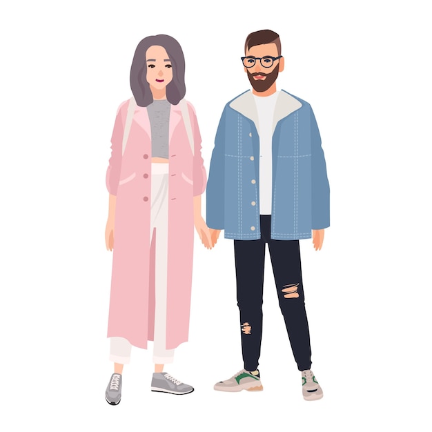 Vector pair of hipster man and woman dressed in fashionable clothes standing together and holding hands. stylish romantic couple