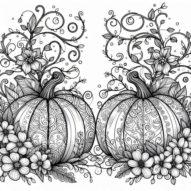 Vector pair of intertwined pumpkins with swirling vines coloring page