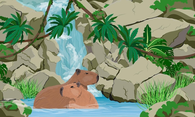 A pair of large capybaras are sitting in the water near a large tropical waterfall